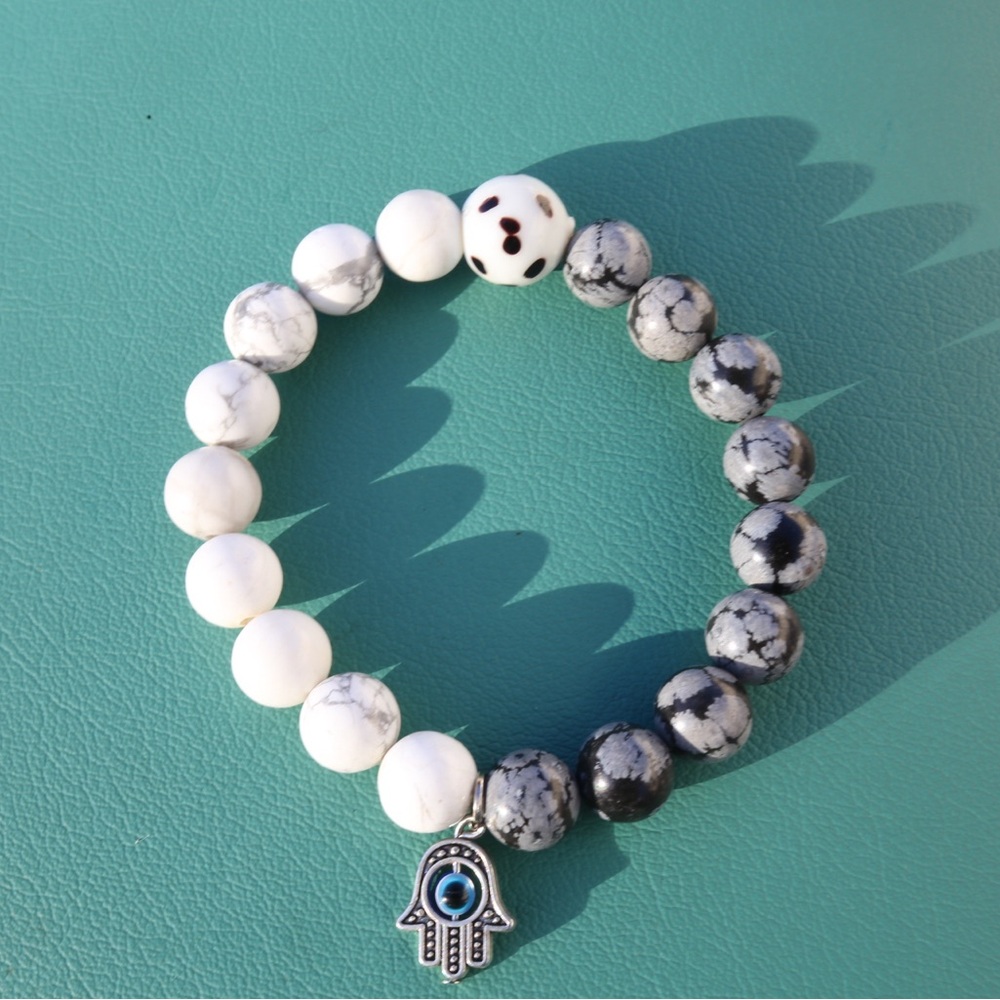 White and Gray Beaded Bracelet with Hamsa Charm